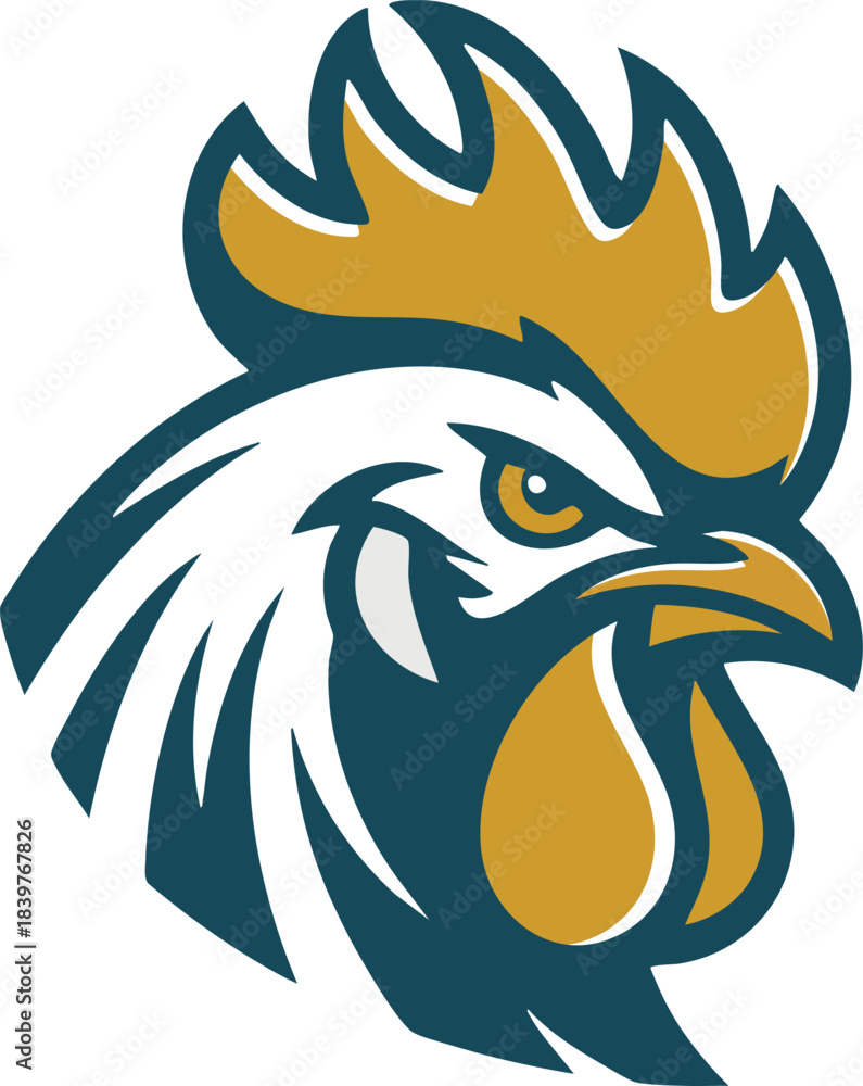 Obraz premium Bold Rooster Head Illustration with Teal and Gold Accents