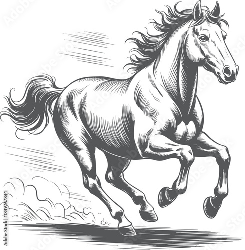 Dynamic Gallop: Black and White Horse in Motion