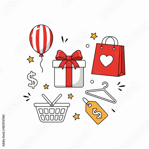 Illustrations of elements related to shopping  celebrations and gift giving.