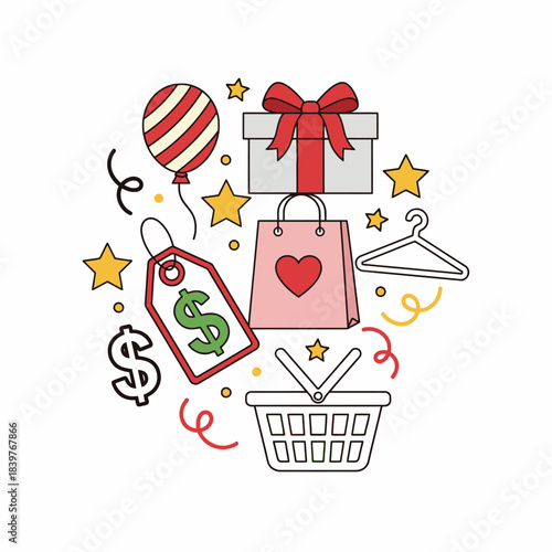 Illustrations of elements related to shopping  celebrations and gift giving.