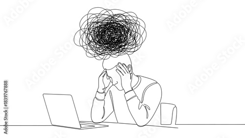 Man sitting at desk with laptop, head in hands, chaotic thoughts symbolizing stress and confusion.