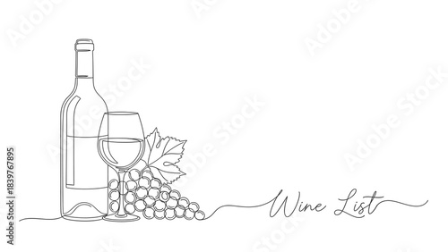 Continuous line drawing of wine bottle, glass, grapes, and the words wine list, isolated on white.
