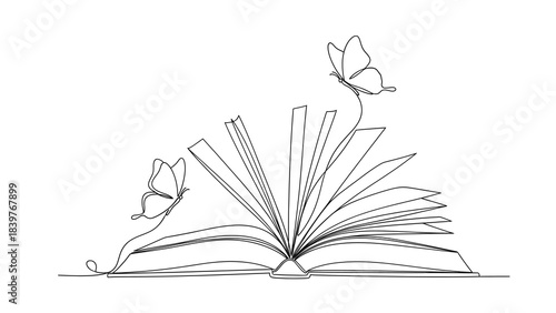 Open book with butterflies in continuous line drawing style, representing imagination and freedom.