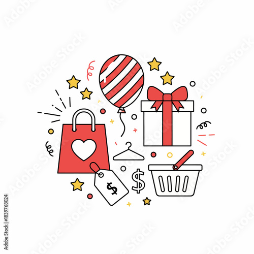 Illustrations of elements related to shopping  celebrations and gift giving.