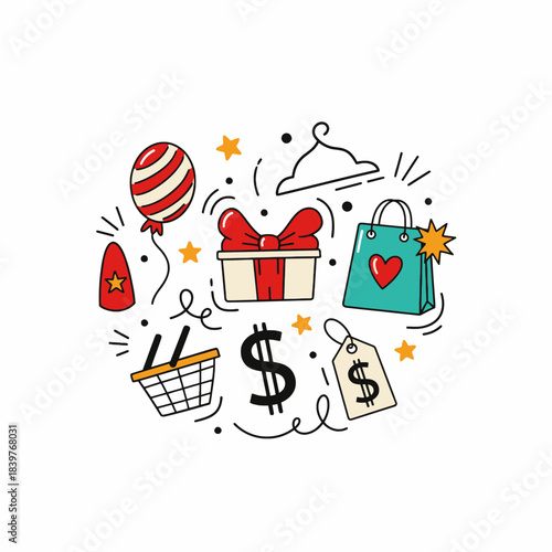 Illustrations of elements related to shopping  celebrations and gift giving.