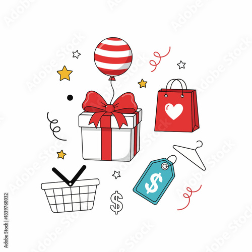 Illustrations of elements related to shopping  celebrations and gift giving.
