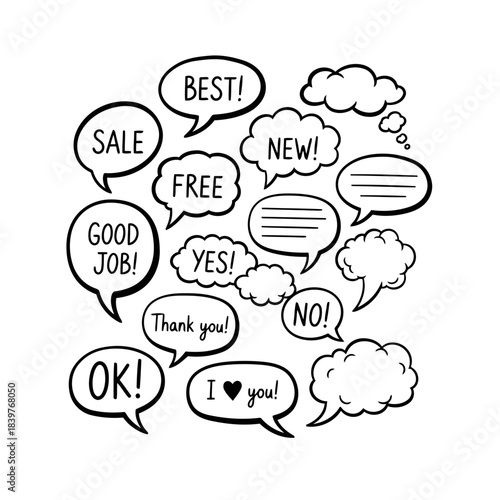 Set of speech bubbles with various phrases and words in black and white illustration