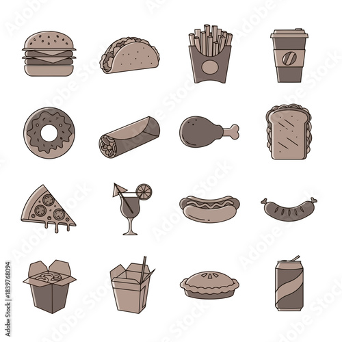 Assorted food icons including burgers, tacos, fries, coffee, donuts, sandwiches, pizza, and more