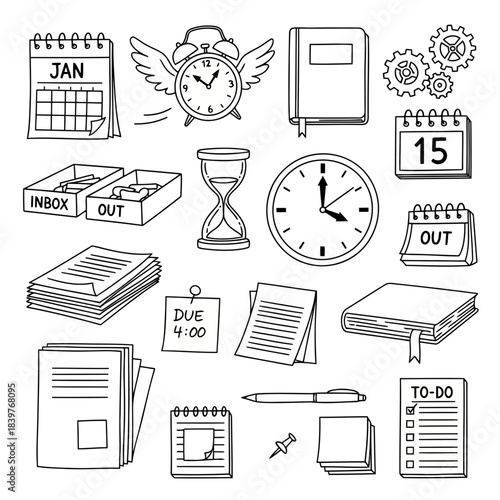 Black and white illustration of office supplies, time management, and productivity concepts
