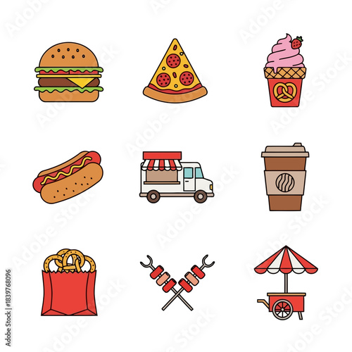 Colorful illustration of various food items and food trucks on a