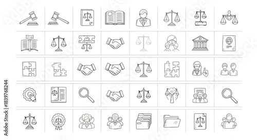 Set of icons representing various legal and justicerelated concepts and activities