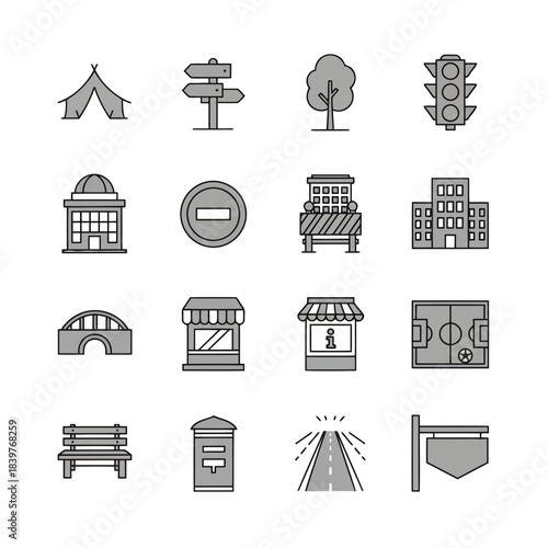 Set of icons representing various urban and outdoor elements such as tents, signs, trees, and buildings