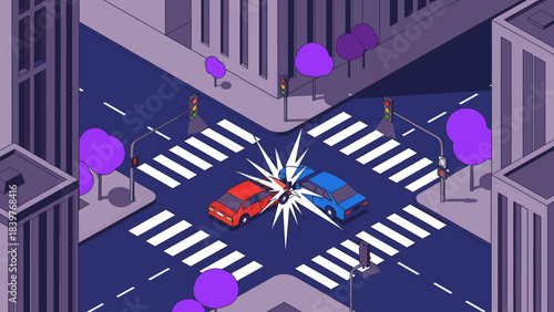 Isometric view of a car crash at a city intersection with traffic light and zebra crossing.