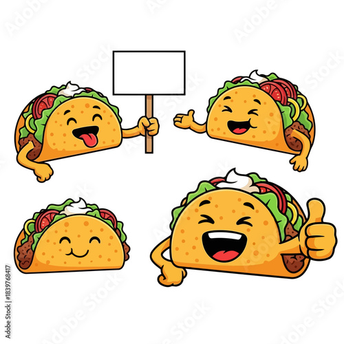Four happy taco characters with different expressions isolated on