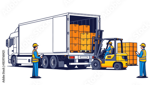 Logistics workers unload cargo boxes from a truck using a forklift, illustrating supply chain operations.