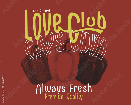 Summer graphic tees. vegan food print artwork. Capsicum Love Club typography vector graphic. vintage retro vegetable t-shirt design.