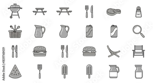 Set of picnic and barbecue items including utensils, food, and equipment