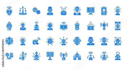 Collection of blue icons representing technology, communication, and digital concepts on