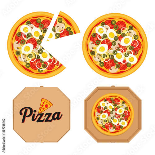 Pizza slices with toppings in boxes on a table isolated on