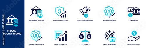 Fiscal Policy Blue Colored Outline Icon Set