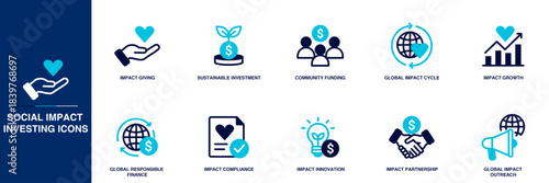 Social Impact Investing Blue Colored Outline Icon Set