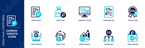 Carbon Credits Blue Colored Outline Icon Set