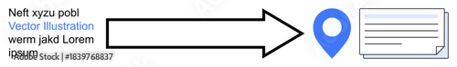 Navigation, location services, data visualization, mapping tools, geotagging, digital communication. Arrow pointing to a map pin and document icon. Navigation and location services concept