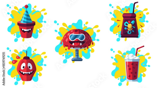 Colorful Cartoon Drink and Snack Monster Icons – Fun Playful Food Illustration Set