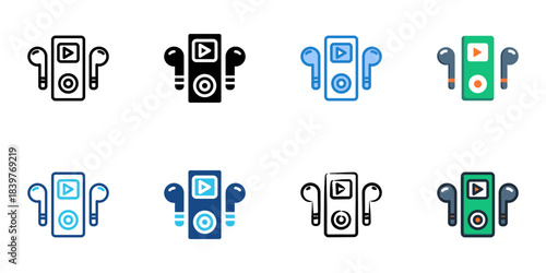 Music player icon set multiple style vector collection. Editable Stroke 
