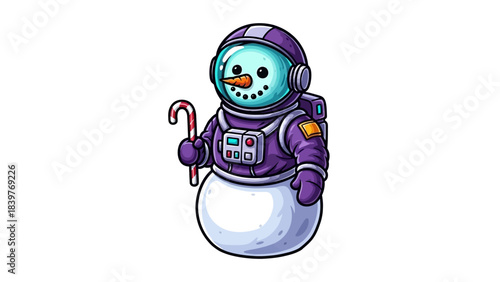 Cute Snowman Astronaut with Candy Cane – Christmas Space Character Illustration