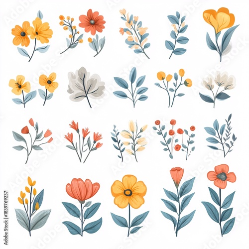 A curated collection of isolated watercolor floral illustrations featuring blooming flowers and elegant leaves for creative projects