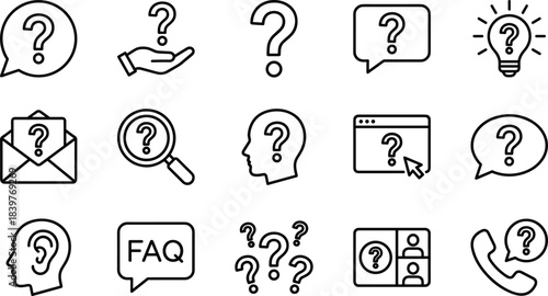Questions, Support, and FAQ Outline Icon Set, Covering Problem Solving, Inquiry, Helpdesk, Information Search, Communication, and Idea Generation, Vector Editable Stroke