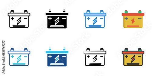Battery icon set multiple style vector collection. Editable Stroke 
