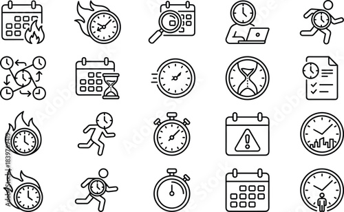 Time Management and Deadline Outline Icon Set, Featuring Burning Clocks, Stopwatch, Calendar Planning, Urgency, Work Stress, and Time-Sensitive Tasks, Vector