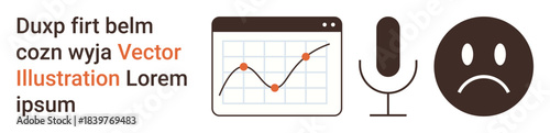 Data tracking, digital content, voice recognition, emotional , analytics, technology. A graph, microphone and sad face emotion side by side. Data tracking and voice recognition concept