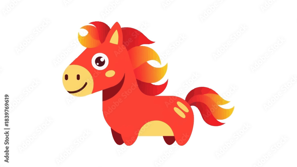 Fototapeta premium Cartoon Red Horse with Golden Mane and Tail Illustration.