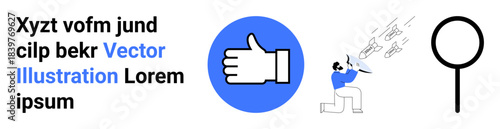 Social approval, freedom, analysis, positivity, independence, exploration . Thumbs up icon, person breaking chains magnifying glass. Social approval and freedom graphically