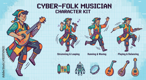 Cyber-Folk Musician Character Kit with Futuristic Musical Instruments