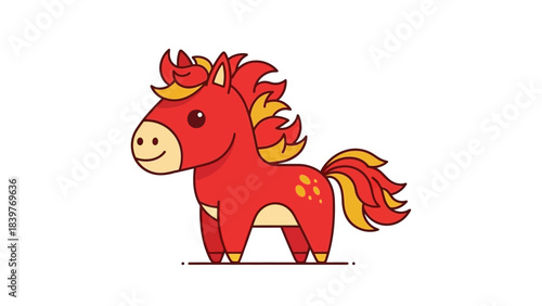 Cartoon Red Horse with Fiery Mane and Tail Illustration.