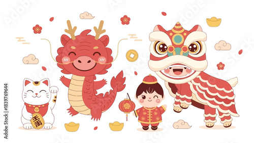 Chinese New Year Celebration with Dragon, Lion Dance, and Lucky Cat.