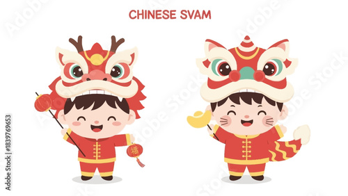 Chinese New Year Celebrations with Children in Traditional Costumes.