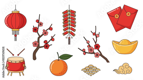 Chinese New Year Festive Elements - Lanterns, Blossoms, and Lucky Symbols.