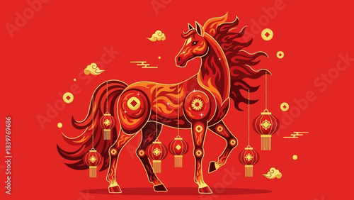 Chinese New Year Horse with Lanterns and Gold Coins Illustration.