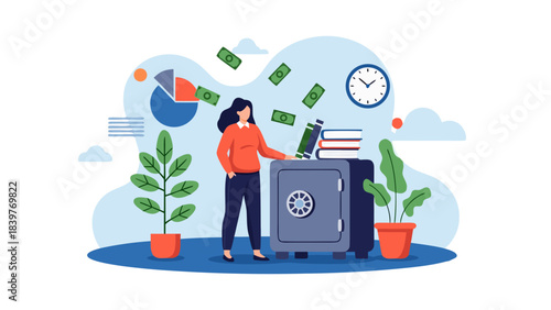 Illustration of a Woman Standing Next to a Safe Deposit Box with Money Falling and a Chart in the Background