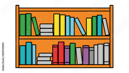 Illustration of a wooden bookshelf filled with colorful books against a black background in a simple cartoon style featuring two shelves of various book colors and sizes