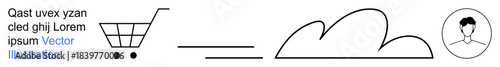 E-commerce, online shopping, cloud storage, user profile, digital services, data sharing. Minimalist icons of a shopping cart, cloud and user profile. E-commerce and online shopping visualization