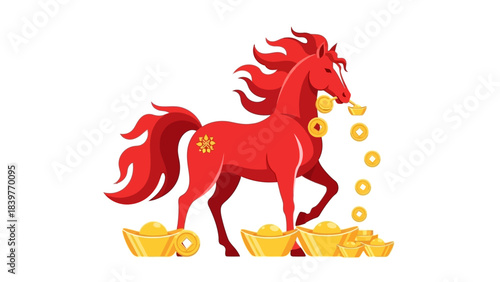 Vibrant Red Horse with Golden Coins and Ingots for Prosperity.