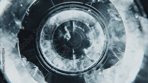 Futuristic, circular tunnel with intricate patterns and glowing light at center creates sense of depth and mystery. icy textures and metallic elements enhance sci fi atmosphere