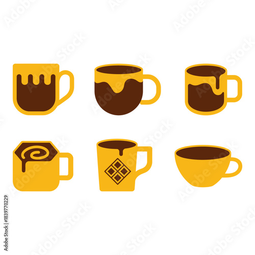 Six yellow mugs filled with dark brown liquid and drizzled toppings