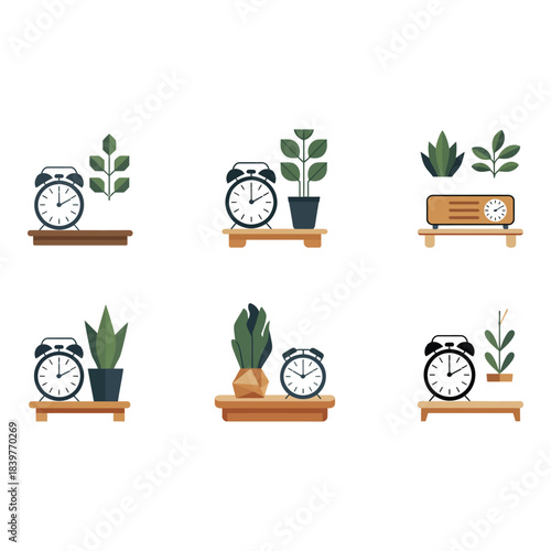 Vintage alarm clocks and potted plants on wooden shelves
